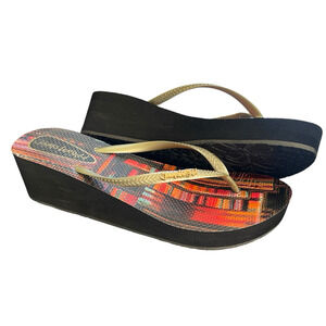 JAMS WORLD Womens Size 10 Gold Orange Wedge Heel Slip-On Thong Flip Flop Sandals